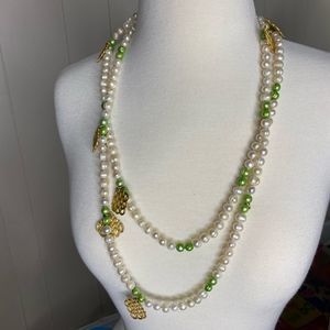 Long Beaded Necklace with gold charms